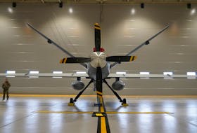 A U.S. Air Force MQ-9 Reaper drone sits in a hanger at Amari Air Base, Estonia, July 1, 2020.  U.S. unmanned aircraft are deployed in Estonia to support NATO's intelligence gathering missions in the Baltics.