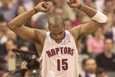 Vince Carter plays to the Air Canada Centre crowd after a big jam against the Knicks.