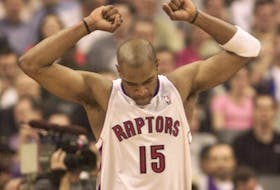 Vince Carter plays to the Air Canada Centre crowd after a big jam against the Knicks.