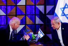 U.S. President Joe Biden attends a meeting with Israeli Prime Minister Benjamin Netanyahu, as he visits Israel amid the ongoing conflict between Israel and Hamas, in Tel Aviv, Israel, October 18, 2023.