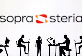 Figurines with computers and smartphones are seen in front of Sopra Steria logo in this illustration taken, February 19, 2024.