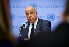 Brazil's Foreign Minister Mauro Vieira speaks to members of the media after attending a U.N. Security Council meeting about the ongoing conflict in Gaza, at the United Nations Headquarters in New York City, U.S., October 13, 2023.