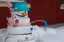 A snowman made of tires, rims and pool noodles stands guard in front of the town of Pictou's council chambers. The snowmen have been up in the town since Christmastime, but now with the Pictou Frost Fest residents can take a selfie with one of the many pre-built snowfolk or build their own for a chance to win a prize from the town. ANGELA CAPOBIANCO