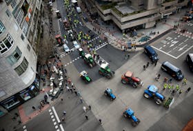 Spanish farmers attend a protest over price pressures, taxes and green regulation, grievances shared by farmers across Europe, in Madrid, Spain, February 21, 2024.