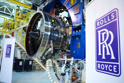 A BR700-725 jet engine is seen at the assembly line of the Rolls-Royce Germany plant in Dahlewitz near Berlin, Germany, February 28, 2023.