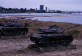 Retired military tanks can be seen on the beach in Kinmen, Taiwan February 20, 2024.