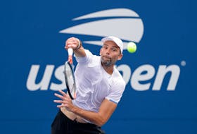 Aug 30, 2021; Flushing, NY, USA; Ivo Karlovic of (CRO) serves against Andrey Rublev (RUS)(not pictured) on day one of the 2021 U.S. Open tennis tournament at USTA Billie King National Tennis Center. Mandatory Credit: Geoff Burke-USA TODAY Sports/File Photo