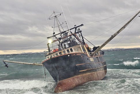 The Cape Cordell, seen here while grounded just outside the harbour at Fortune on the Burin Peninsula, was finally freed on Thursday, Feb. 22 after a week stuck on the rocky shoreline. – Contributed/Gail Matthews