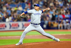 Sep 23, 2023; St. Petersburg, Florida, USA;  Toronto Blue Jays starting pitcher Hyun Jin Ryu (99) throws a pitch against the Tampa Bay Rays in the first inning at Tropicana Field. Mandatory Credit: Nathan Ray Seebeck-USA TODAY Sports
