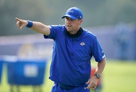 Aug 21, 2020; Thousand Oaks, CA, USA; Los Angeles Rams pass game coordinator Shane Waldron gestures  during training camp at Cal Lutheran University. Mandatory Credit: Kirby Lee-USA TODAY Sports