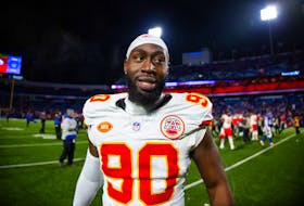 Jan 21, 2024; Orchard Park, New York, USA; Kansas City Chiefs defensive end Charles Omenihu (90) against the Buffalo Bills in the 2024 AFC divisional round game at Highmark Stadium. Mandatory Credit: Mark J. Rebilas-USA TODAY Sports/File Photo