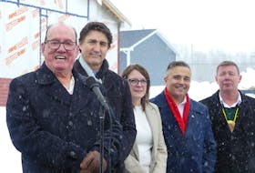Prime Minister Justin Trudeau announced $13.3 million from the Housing Accelerator Fund for the CBRM and Membertou on Tuesday — $11.4 million to the CBRM and $1.9 million to Membertou. From left are Membertou Chief Terry Paul, Trudeau, CBRM Mayor Amanda MacDougall-Merrill, Cape Breton Canso MP Mike Kelloway and Sydney-Victoria MP Jaime Battiste. Mitchell Ferguson/Cape Breton Post