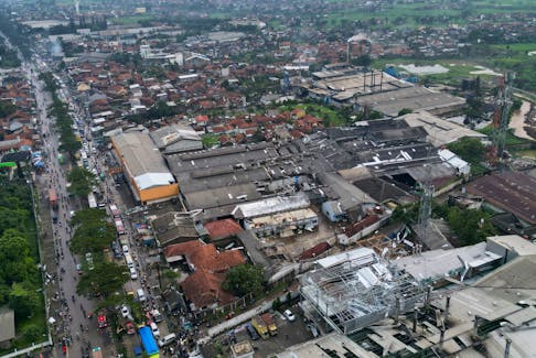 A drone view of the damaged buildings following a tornado in Sumedang, Indonesia, February 21, 2024,  in this picture obtained from social media. Muhammad Adiaz Agung/via REUTERS