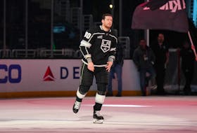 Feb 20, 2024; Los Angeles, California, USA; LA Kings center Pierre-Luc Dubois (80) is recognized as the first star of the night after the game against the Columbus Blue Jackets at Crypto.com Arena. Mandatory Credit: Kirby Lee-USA TODAY Sports