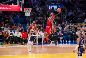 Feb 18, 2024; Indianapolis, Indiana, USA; Western Conference forward LeBron James (23) of the Los Angeles Lakers dunks the ball during the first half of the 73rd NBA All Star game at Gainbridge Fieldhouse. Mandatory Credit: Kyle Terada-USA TODAY Sports/ File Photo