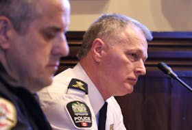 Brad MacConnell, right, Charlottetown Police Chief, appears before city council at a recent meeting. He presented department budget requests to a committee on Jan. 31. Logan MacLean • The Guardian