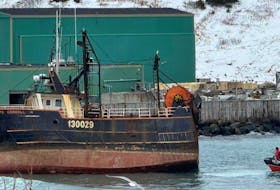 A crew goes about the work of assessing the fishing vessel Cape Cordell’s precarious situation, grounded on the rocky shoreline just outside the harbour at Fortune on the Burin Peninsula on Feb. 18, 2024. – Contributed/via Canadian Coast Guard