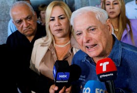 Panama's former President Ricardo Martinelli addresses the media, accompanied by his lawyer Shirley Castaneda, after filing a complaint with the General Secretariat of the National Assembly to investigate Panamanian President Laurentino Cortizo and Vice President Jose Gabriel Carrizo in Panama City, Panama, February 6, 2024.