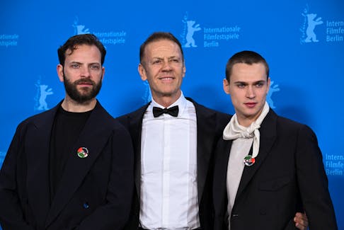 Alessandro Borghi, Rocco Siffredi and Saul Nanni attend a photocall for "Supersex" at the 74rd Berlinale International Film Festival in Berlin, Germany, February 22, 2024.