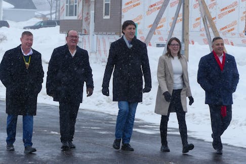Prime Minister Justin Trudeau announced $13.3 million in agreements with the CBRM and Membertou by way of the Housing Accelerator Fund. From left, Sydney-Victoria MP Jaime Battiste, Membertou Chief Terry Paul, Trudeau, CBRM Mayor Amanda MacDougall-Merrill and Cape Breton Canso MP Mike Kelloway. Mitchell Ferguson/Cape Breton Post