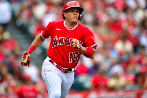 May 28, 2023; Anaheim, California, USA; Los Angeles Angels third baseman Gio Urshela (10) runs after hitting a triple against the Miami Marlins during the second inning at Angel Stadium. Mandatory Credit: Gary A. Vasquez-USA TODAY Sports/File Photo