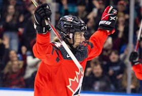 Canada's Renata Fast   celebrates her game-winning goal during a Rivalry Series game agianst the U.S. on Feb. 7, 2024 at SaskTel Centre in Saskatoon.