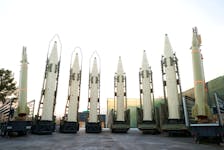 Iranian ballistic missiles are displayed during the ceremony of joining the Armed Forces, in Tehran, Iran, August 22, 2023. Iran's Presidency/WANA (West Asia News Agency)/Handout via REUTERS./File Photo