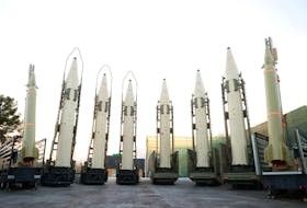 Iranian ballistic missiles are displayed during the ceremony of joining the Armed Forces, in Tehran, Iran, August 22, 2023. Iran's Presidency/WANA (West Asia News Agency)/Handout via REUTERS./File Photo