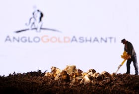 A small toy figure and gold imitation are seen in front of the AngloGold Ashanti logo in this illustration taken November 19, 2021.