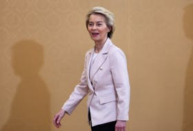 European Commission President Ursula von der Leyen walks as she meets with Poland's Prime Minister Donald Tusk at the Chancellery of the Prime Minister in Warsaw, Poland, February 23, 2024.