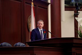 Florida State House Speaker Paul Renner greets the legislative body as he speaks before Republican presidential candidate Florida Governor Ron DeSantis makes his State of the State address in Tallahassee, Florida, U.S., January 9, 2024. 
