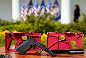 Parts of a ghost gun kit are on display at an event held by U.S. President Joe Biden to announce measures to fight ghost gun crime, at the White House in Washington U.S., April 11, 2022.
