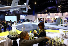 Israel's Elbit Systems launches the Hermes 650 Spark unmanned aerial vehicle (UAV) during the Singapore Airshow at Changi Exhibition Centre in Singapore February 21, 2024.