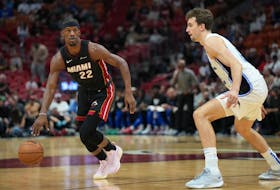 Feb 6, 2024; Miami, Florida, USA;  Miami Heat forward Jimmy Butler (22) brings the ball up the court as Orlando Magic forward Franz Wagner (22) defends during the first half at Kaseya Center. Mandatory Credit: Jim Rassol-USA TODAY Sports/ File photo
