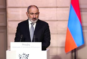 Armenian Prime Minister Nikol Pashinyan attends a joint press conference with French President Emmanuel Macron (not seen) as part of a meeting on the sidelines of the entry ceremony for Missak Manouchian and his resistance comrades into the Pantheon, at the Elysee Palace in Paris, France, February 21, 2024.