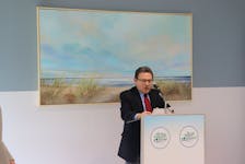 Dr. Javier Salabarria, Health P.E.I. director of mental health and addictions services, speaks at the new facilty at the QEH on Feb. 23. The painting behind him has been donated to the new ER. Logan MacLean • The Guardian