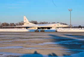 A modernized Tu-160M nuclear-capable strategic bomber is seen on an airfield in Kazan, Russia February 22, 2024.  Sputnik/Dmitry Azarov/Pool via REUTERS