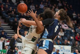 UPEI Panthers forward Aiden Rainford and St. F.X. X-Women forward Ekaterina Karchevskaya fight for rebound during an AUS Basketball Championships quarterfinal in Halifax on Friday, Feb. 23, 2024. St. F.X. won the game 80-55 and will play Saint Mary's in Saturday's semifinal.
Ryan Taplin - The Chronicle Herald