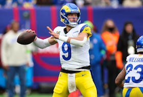 Dec 31, 2023; East Rutherford, New Jersey, USA; Los Angeles Rams quarterback Matthew Stafford (9) throws the ball during the first half against the New York Giants at MetLife Stadium. Mandatory Credit: Vincent Carchietta-USA TODAY Sports/File Photo