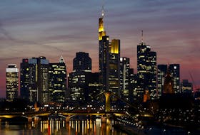 The famous skyline with its banking district is pictured in Frankfurt early evening April 13, 2015. The European Central Bank's governing council will meet in Frankfurt on Wednesday, April 15. 
