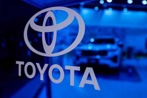 Toyota's logo is seen in their exhibition stall at Bharat Mobility Global Expo organised by India's commerce ministry at Pragati Maidan in New Delhi, India, February 1, 2024.