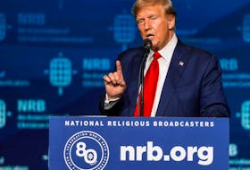 Former U.S. President and Republican presidential candidate Donald Trump addresses the 2024 National Religious Broadcasters Association International Christian Media Convention, as part of the NRB Presidential Forum in Nashville, Tennessee, U.S., February 22, 2024. 