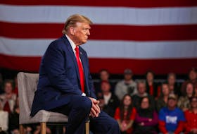 Former U.S. President and Republican presidential candidate Donald Trump participates in a Fox News town hall with Laura Ingraham in Greenville, South Carolina, U.S. February 20, 2024. 