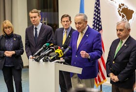 U.S. Senate Majority Leader Chuck Schumer (D-NY), and Senators Jack Reed (D-RI), Richard Blumenthal (D-CT), Michael Bennet (D-CO) and Maggie Hassan (D-NH) attend a joint a press conference, amid Russia's attack on Ukraine, in Lviv, Ukraine February 23, 2024.