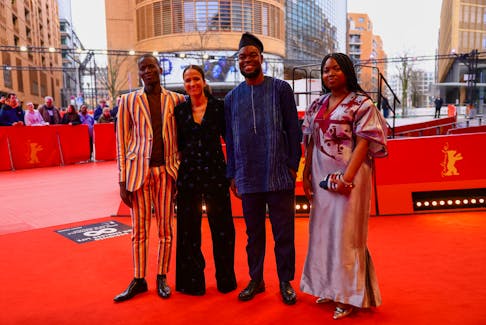 Director and screenwriter Mati Diop, protagonist and first assistant director Gildas Adannou, and protagonists Habib Ahandessi and Josea Guedje attend the screening of the movie 'Dahomey' at the 74th Berlinale International Film Festival in Berlin, Germany, February 18, 2024.