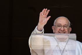 Pope Francis leads the Angelus prayer from his window at the Vatican, February 18, 2024.  Vatican Media/­Simone Risoluti/Handout via
