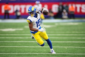 Dec 31, 2023; East Rutherford, New Jersey, USA; Los Angeles Rams wide receiver Demarcus Robinson (15) gains yards after a catch during the second half against the New York Giants at MetLife Stadium. Mandatory Credit: Vincent Carchietta-USA TODAY Sports/ File Photo