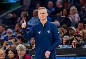 Feb 14, 2024; San Francisco, California, USA; Golden State Warriors head coach Steve Kerr reacts during the second half of the game against the LA Clippers at Chase Center. Mandatory Credit: John Hefti-USA TODAY Sports/ File Photo