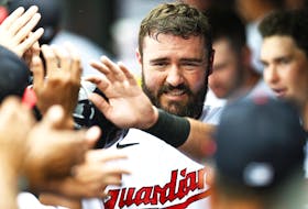 Jul 23, 2023; Cleveland, Ohio, USA; Cleveland Guardians catcher Cam Gallagher (35) celebrates after scoring during the third inning against the Philadelphia Phillies at Progressive Field. Mandatory Credit: Ken Blaze-USA TODAY Sports/File Photo
