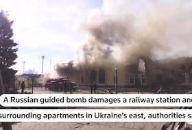 STORY: "Around midnight, the enemy dropped a guided aerial bomb 'KAB-250' on the railway station," the Donetsk region police said in a statement released on its website. It also said that two hours later, four S-300 missiles hit the town. Local resident Ksenia, who didn't provide a surname, said she "saw lightning that lit up the whole town," and called it a nightmare scene when she woke up.